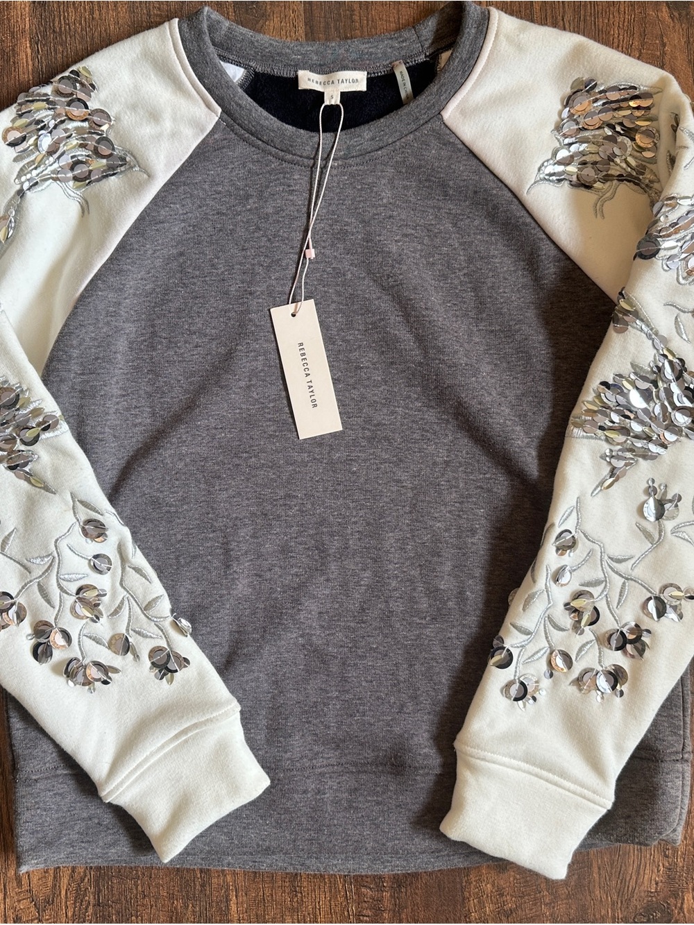 Rebecca Taylor Embellished Sleeve Sweatshirt Gray Ivory Sequin Floral Small NWT